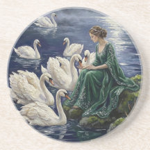 Celtic Swans Moonlit Lake Night Fantasy Art
