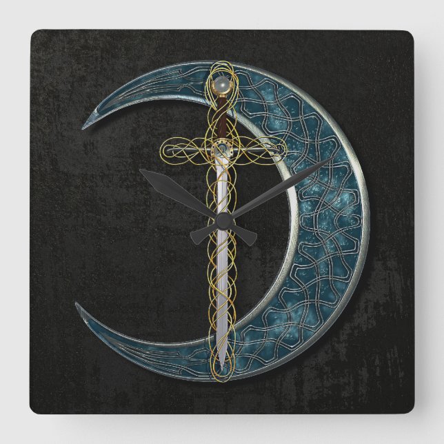 Celtic Sword and Moon Quadratische Wanduhr (Vorderseite)