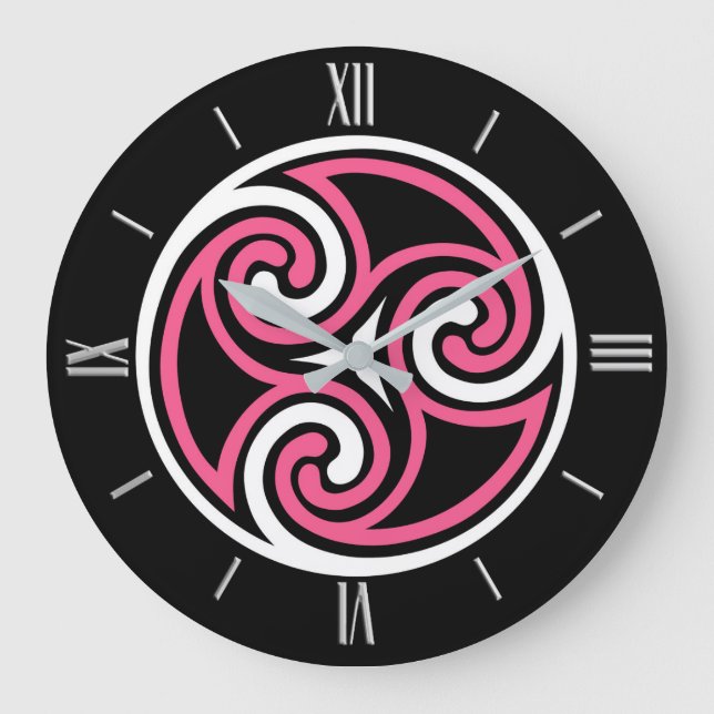 Celtic Triskele Ornament, Fuchsia, Black and White Große Wanduhr (Vorderseite)