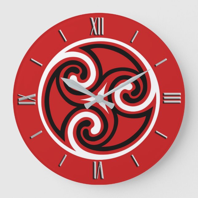 Celtic Triskele Ornament, Red, Black and White Große Wanduhr (Vorderseite)
