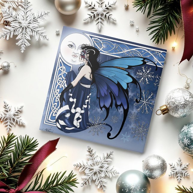 Celtic Winter Moon Fairy Blue Snowflakes Fantasy Fliese (Von Creator hochgeladen)