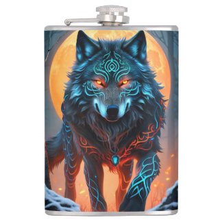 Celtic Wolf Moonlit Forest Flachmann