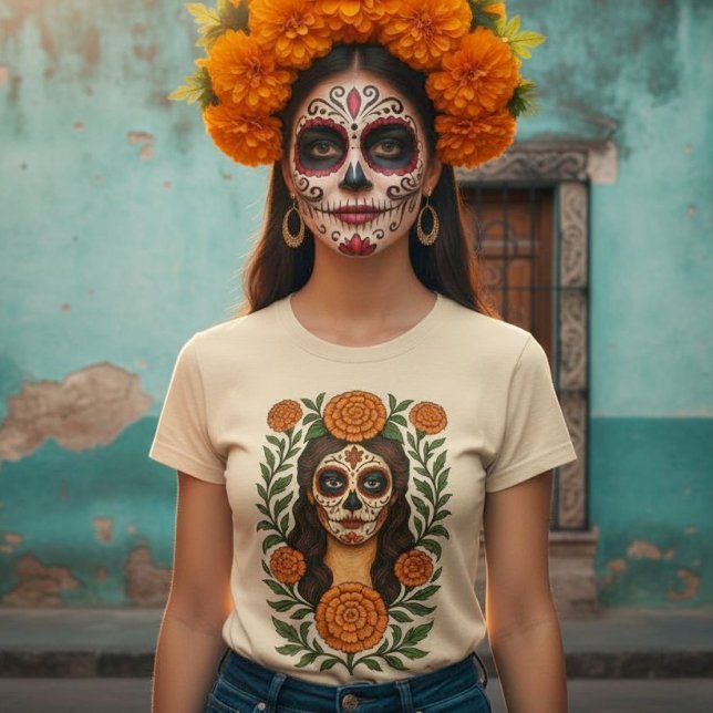 Cempasúchil Aztec Marigolds Botanischer Katrina T-Shirt (Cempasúchil Aztec Marigolds Botanical Catrina T-Shirt.)