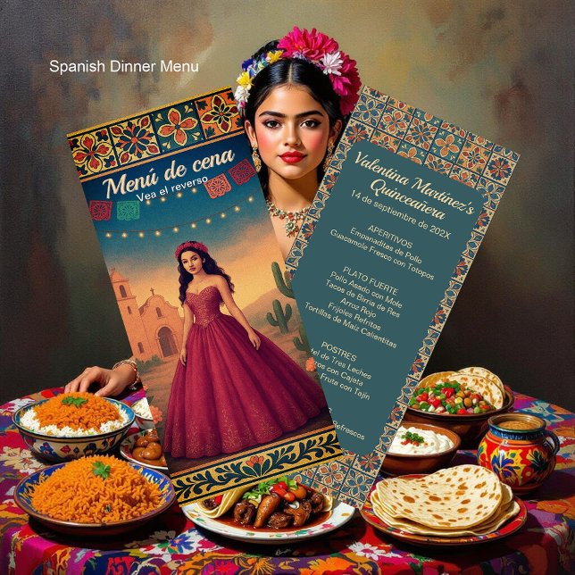 Cena de Quinceañera Vintag con Vestido Rojo Menükarte (Cena de Quinceañera Vintage con Vestido Rojo Menu)