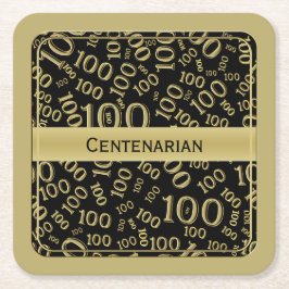 "Centenarian" Schwarz/Gold 100. Party Thema Sq Rechteckiger Pappuntersetzer