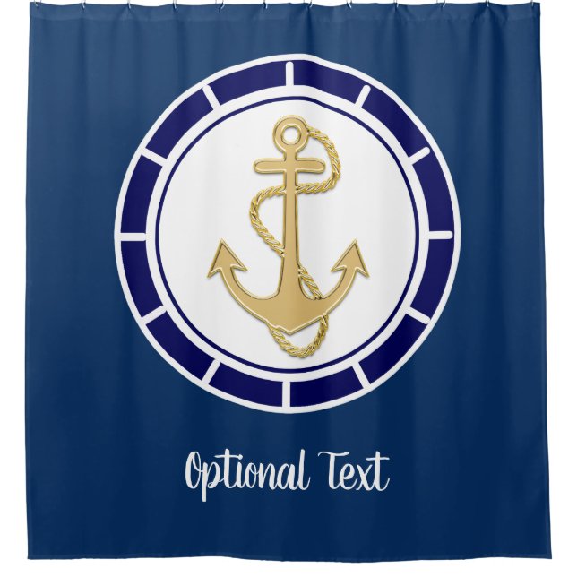 Central Golden Anchor Navy Blue Nautic Duschvorhang (Vorderseite)