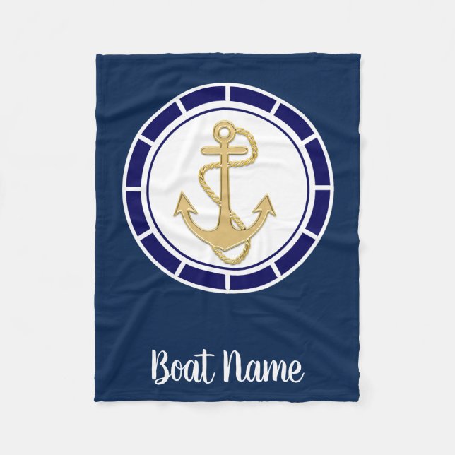 Central Golden Anchor Navy Blue Nautic Fleecedecke (Vorderseite)