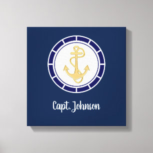 Central Golden Anchor Navy Blue Nautic Leinwanddruck