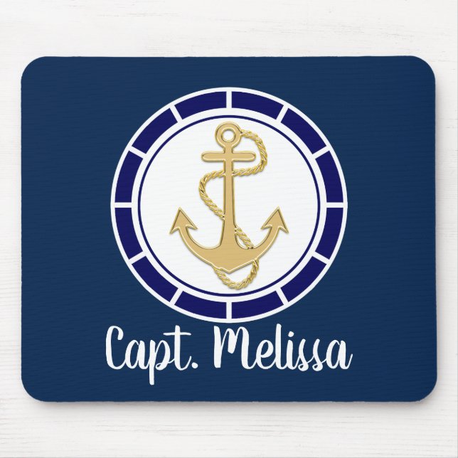 Central Golden Anchor Navy Blue Nautic Mousepad (Vorne)