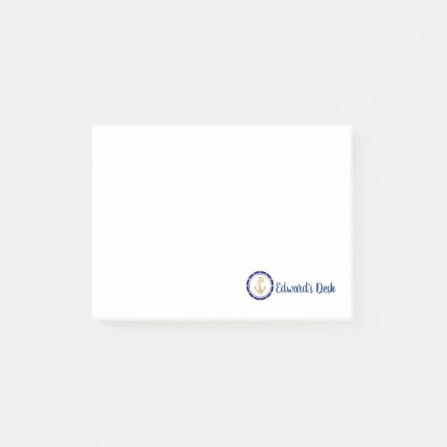 Central Golden Anchor Navy Blue Nautic Post-it Klebezettel (Vorderseite)