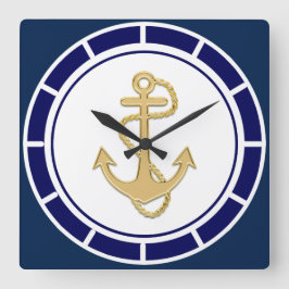Central Golden Anchor Navy Blue Nautic Quadratische Wanduhr