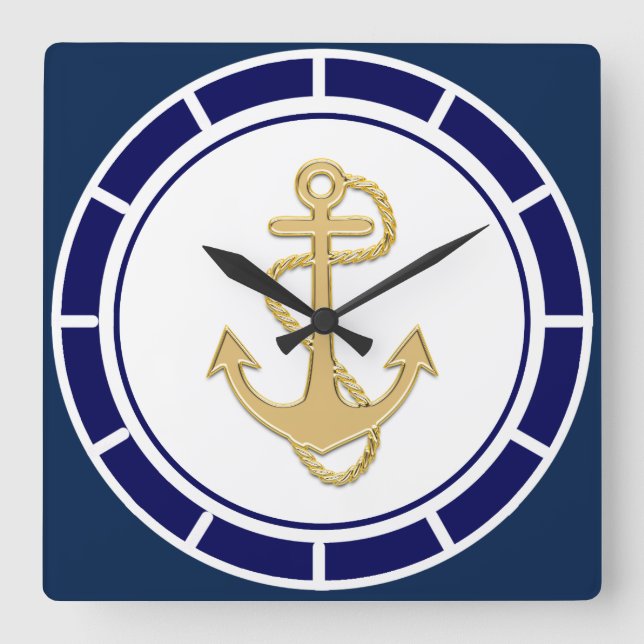 Central Golden Anchor Navy Blue Nautic Quadratische Wanduhr (Vorderseite)