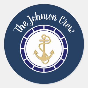 Central Golden Anchor Navy Blue Nautic Runder Aufkleber