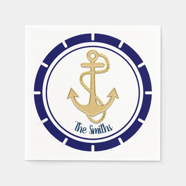 Central Golden Anchor Navy Blue Nautic Serviette (Vorderseite)