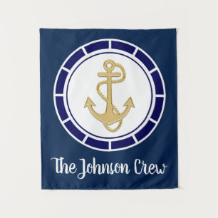 Central Golden Anchor Navy Blue Nautic Wandteppich