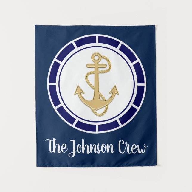Central Golden Anchor Navy Blue Nautic Wandteppich (Vorderseite)