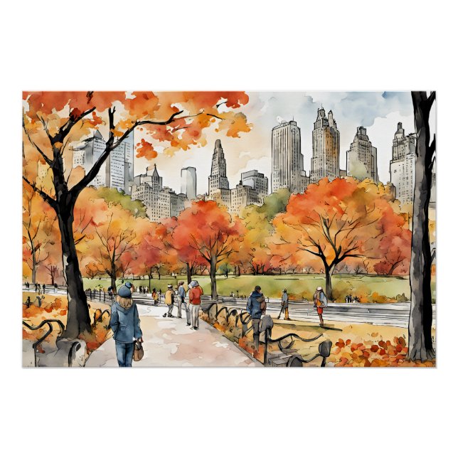 Central Park, Aquarellfarben, KI generiert, Poster (Vorderseite)