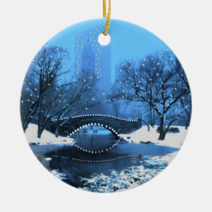 Central Park Bridge bei Twilight im Schnee Keramik Ornament