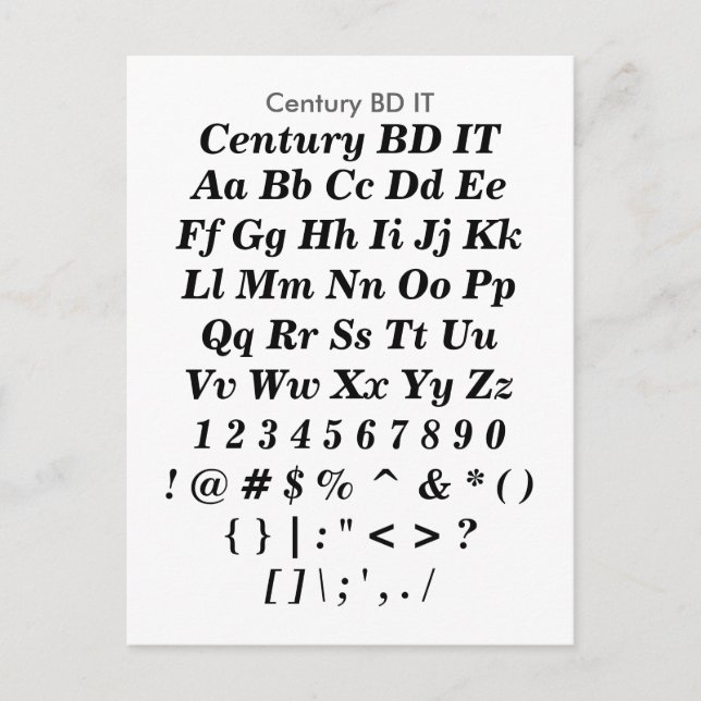Century BD IT - Zazzle Schriftart Sampler Sheet Postkarte (Vorderseite)