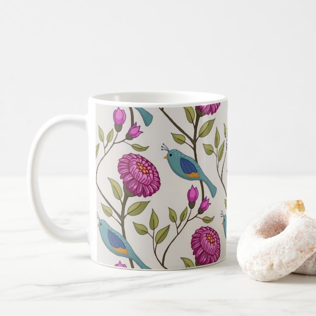 Ceramic mug with bird and flower print kaffeetasse (Mit Donut)