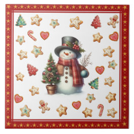 Ceramic Tile Snowman and Christmas Cookies Red Fliese