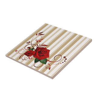 Ceramic Tile Stripe Beige & White Stripe Red Rose  Fliese
