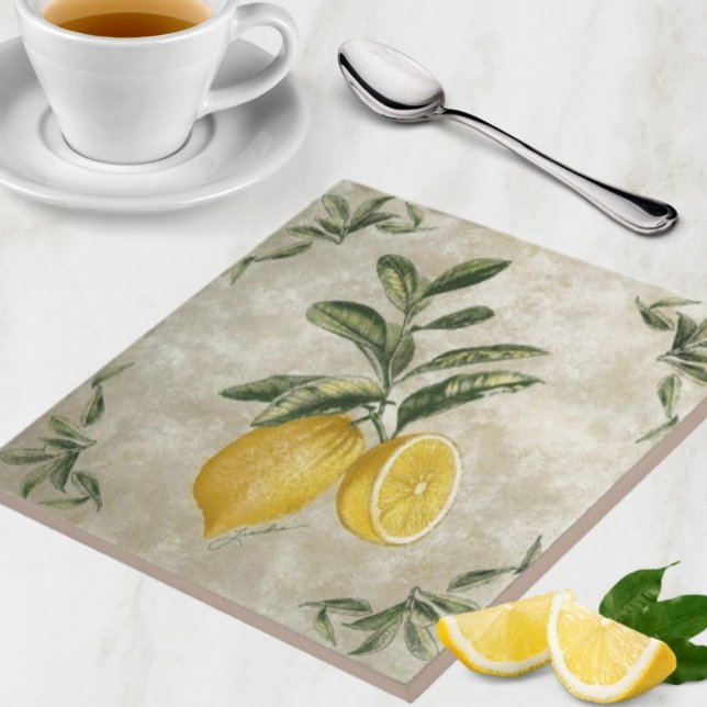 Ceramic Tile with Vintage Lemons Fliese (Vintage European Lemons Stone Texture Neutral Kitchen Tile or Trivet use)