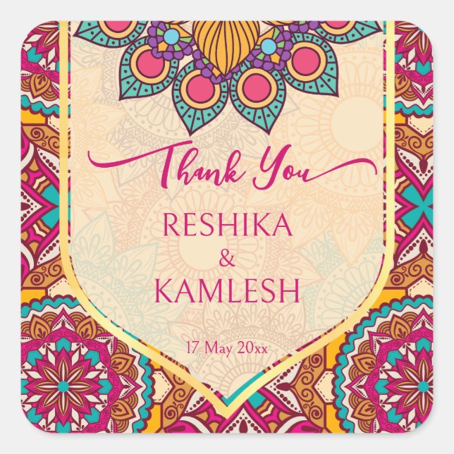 Cerise mandala rangoli Hochzeit personalisierter N Quadratischer Aufkleber (Vorderseite)