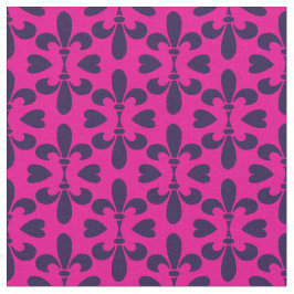 Cerise Pink and Deep Blue Heraldic Fleur-de-Lys Stoff