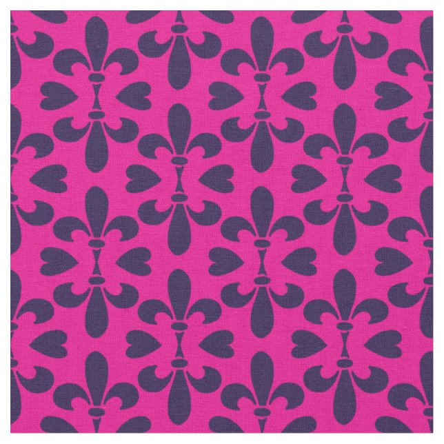 Cerise Pink and Deep Blue Heraldic Fleur-de-Lys Stoff (Nahaufnahme)