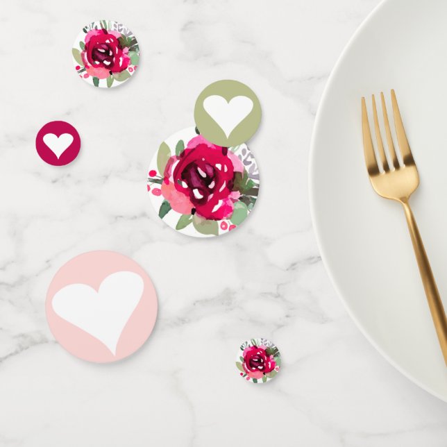 Cerise Watercolor Floral & Hearts Confetti Konfetti (Gruppe)