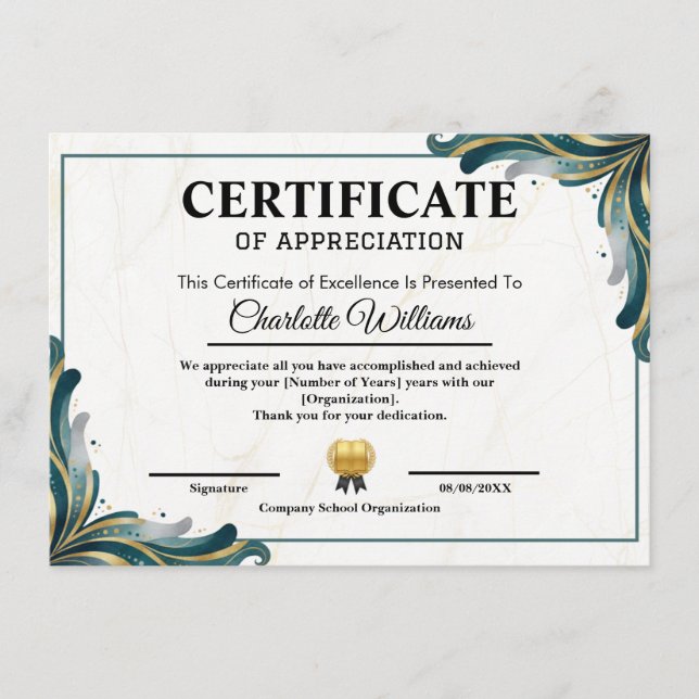 Certificate of Appreciation Editable Award Templat Begleitkarte (Vorderseite)