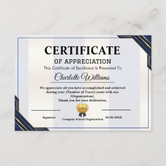 Certificate of Appreciation  Professional Award Begleitkarte