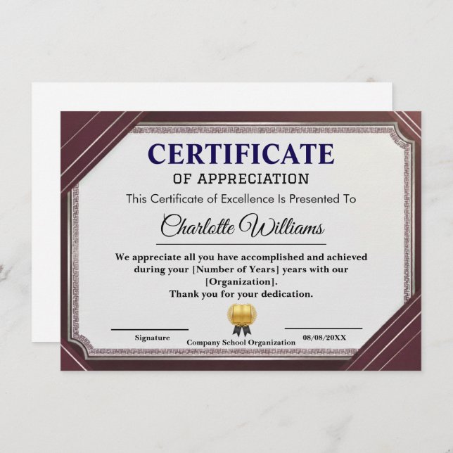 Certificate of Appreciation Professional Elegant Begleitkarte (Vorne/Hinten)