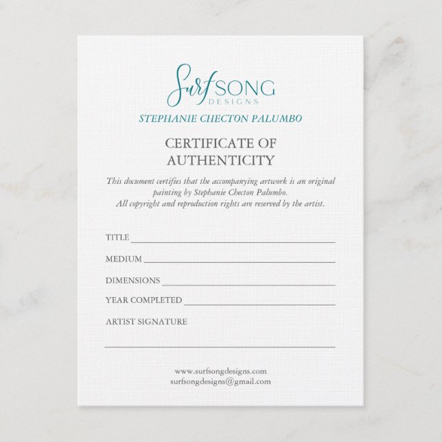 Certificate of Authenticity For Artwork Einladung (Vorderseite)