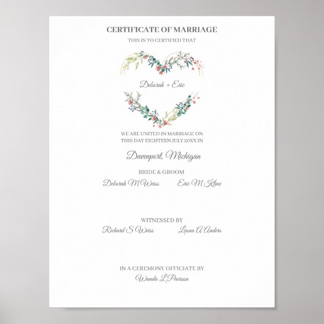 Certificate of Marriage Floral Heart in Pink Poster (Vorne)