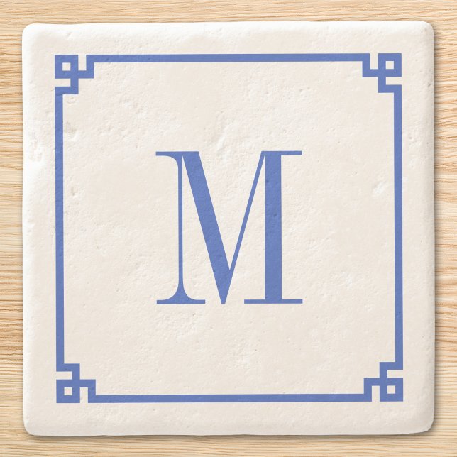 Cerulean Blue Greece Key Border Monogram Steinuntersetzer (Cerulean Blue Greek Key Border Monogram Stone Coaster)
