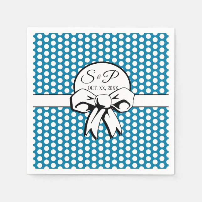 Cerulean Blue Polka Dot White Bow Personalisiert Serviette (Vorderseite)
