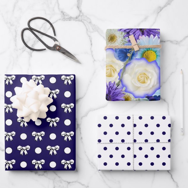 Cerulean Blue und White Polka Dots Blume Collage Geschenkpapier Set (Vorderseite)