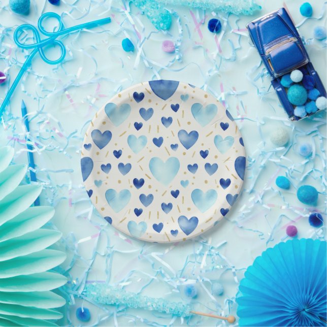 Cerulean Dream Watercolor Hearts Pattern Pappteller (Party)