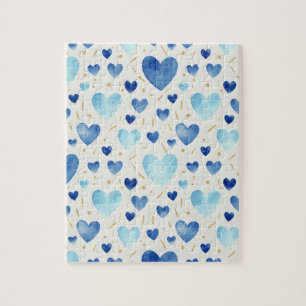Cerulean Sparkle Blau-goldene Wasserfarben-Herze Puzzle