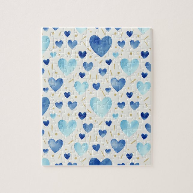 Cerulean Sparkle | Blue & Gold Watercolor Hearts Puzzle (Vertikal)