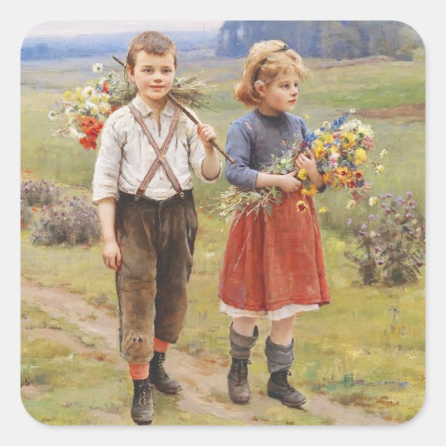 Cesar Pattein, 1895 Kinder, die Zuhause zurückkomm Quadratischer Aufkleber (Vorderseite)