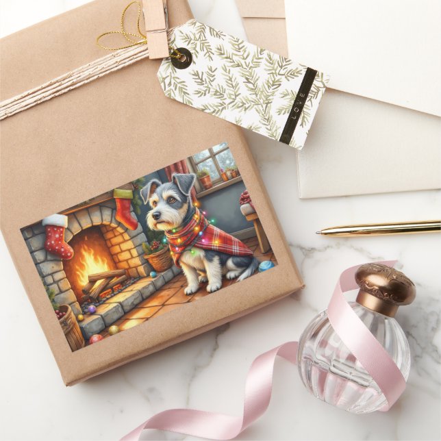 Cesky Terrier Fireplace with Christmas Lights Rechteckiger Aufkleber (Schenken)