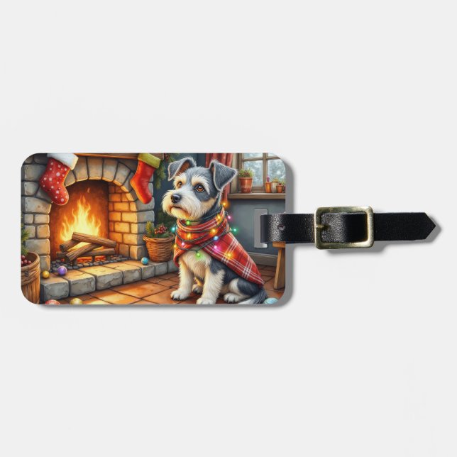 Cesky Terrier Kamin mit Weihnachtslichtern Gepäckanhänger (Vorderseite horizontal)