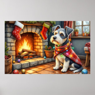 Cesky Terrier Kamin mit Weihnachtslichtern Poster