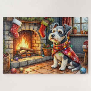 Cesky Terrier Kamin mit Weihnachtslichtern Puzzle