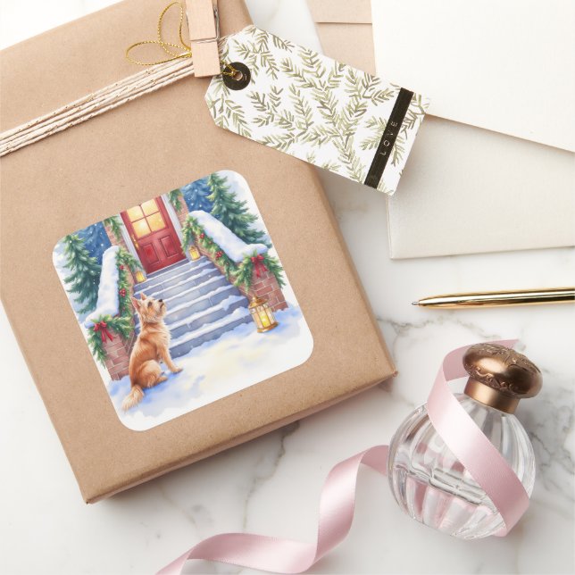 Cesky Terrier Snowy Staircase Christmas Art Quadratischer Aufkleber (Schenken)
