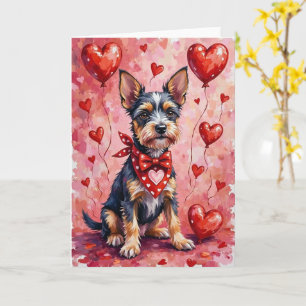 Cesky Terrier Valentine Hund sitzt mit Herzen Karte