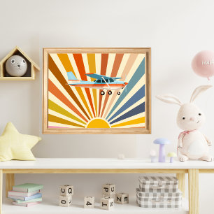 Cessna Flugzeug Vintage Retro Sonnenuntergang Bunt Poster